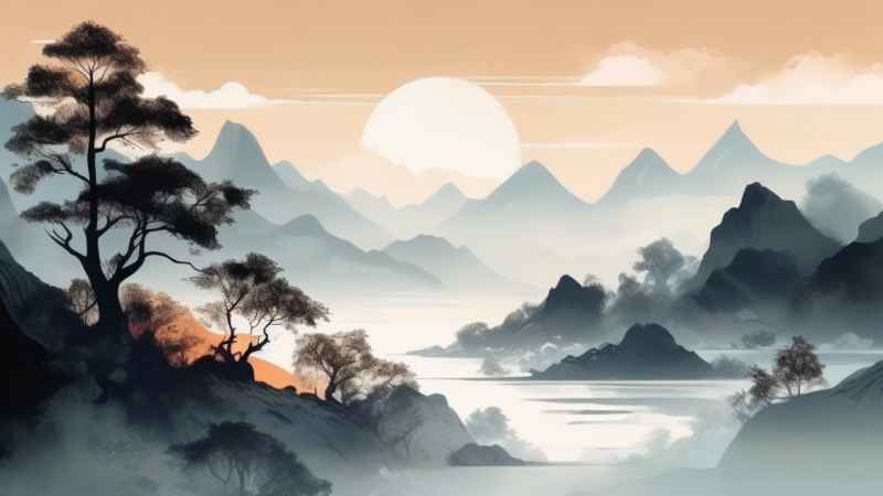 国风水彩画山水风景插画 107