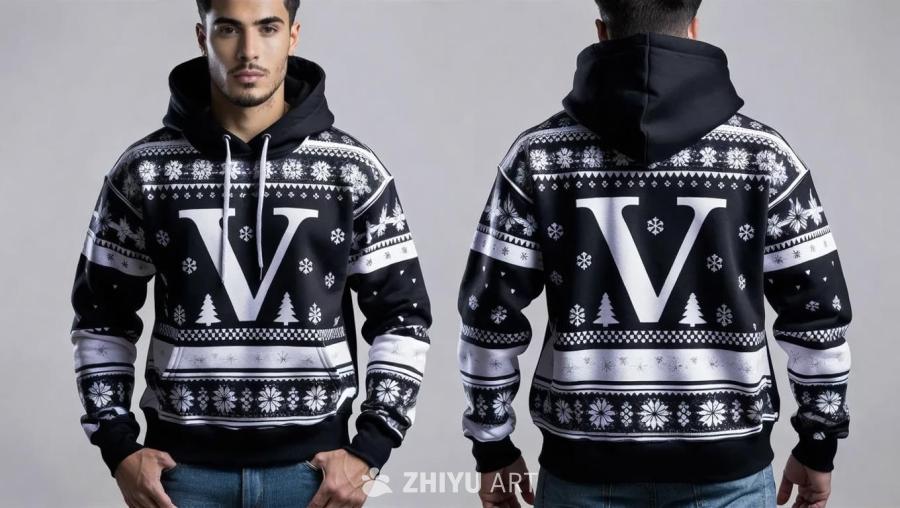 一件黑白色的连帽衫，正面和背面都有一个白色的“V”