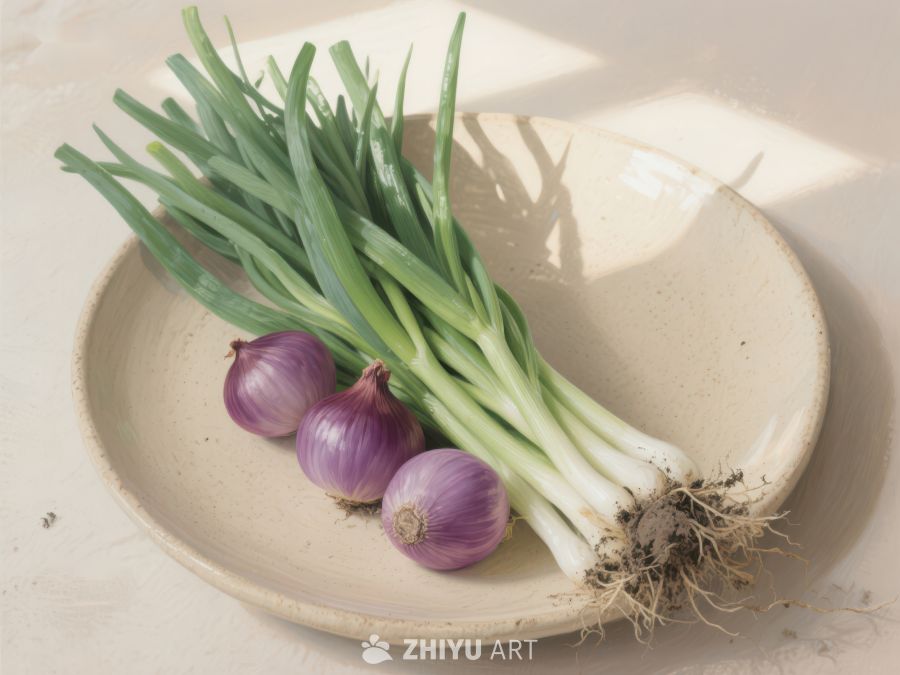 新鲜葱与洋葱置于浅碗中 437