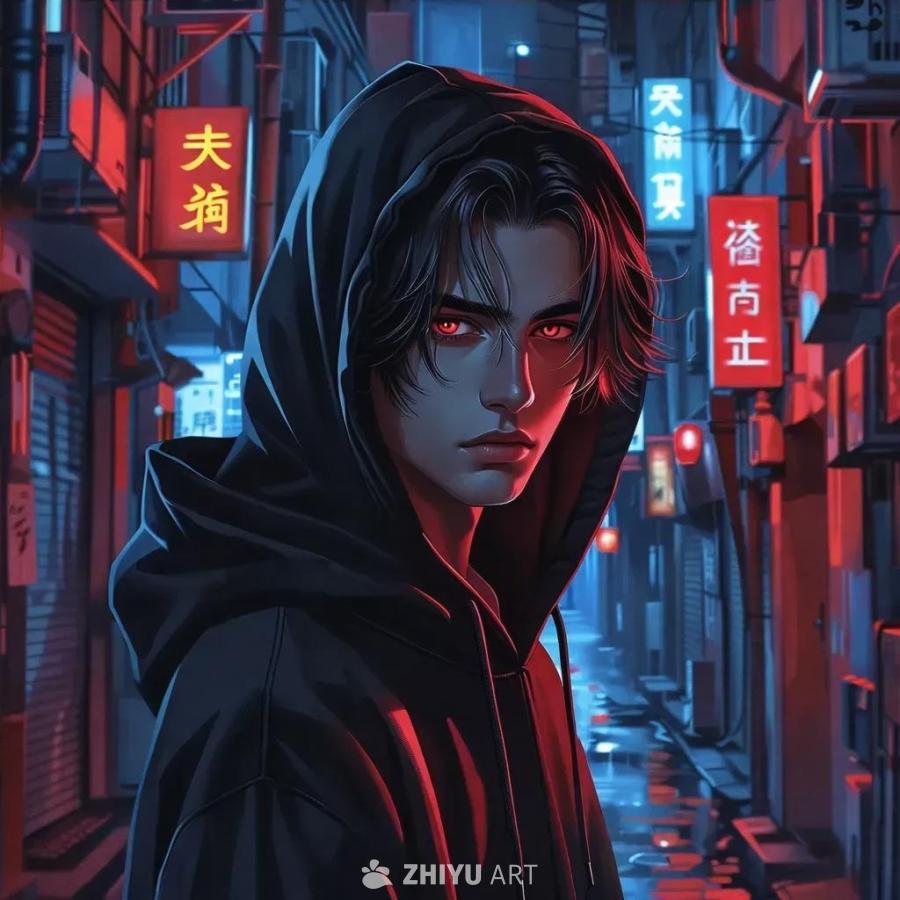 一个穿着连帽衫的青少年男子站在光线昏暗的小巷里。他
