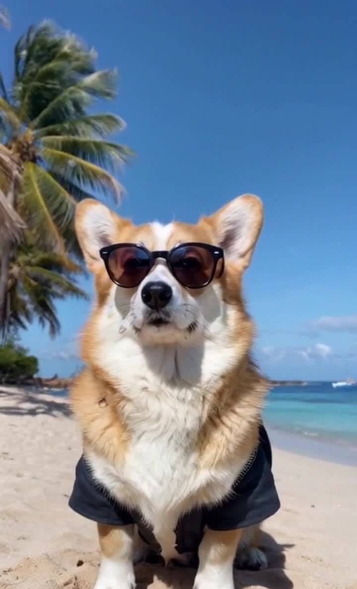沙滩上戴墨镜的柯基犬，享受惬意海边时光
