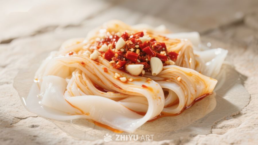 凉皮配红油辣椒，美味小吃