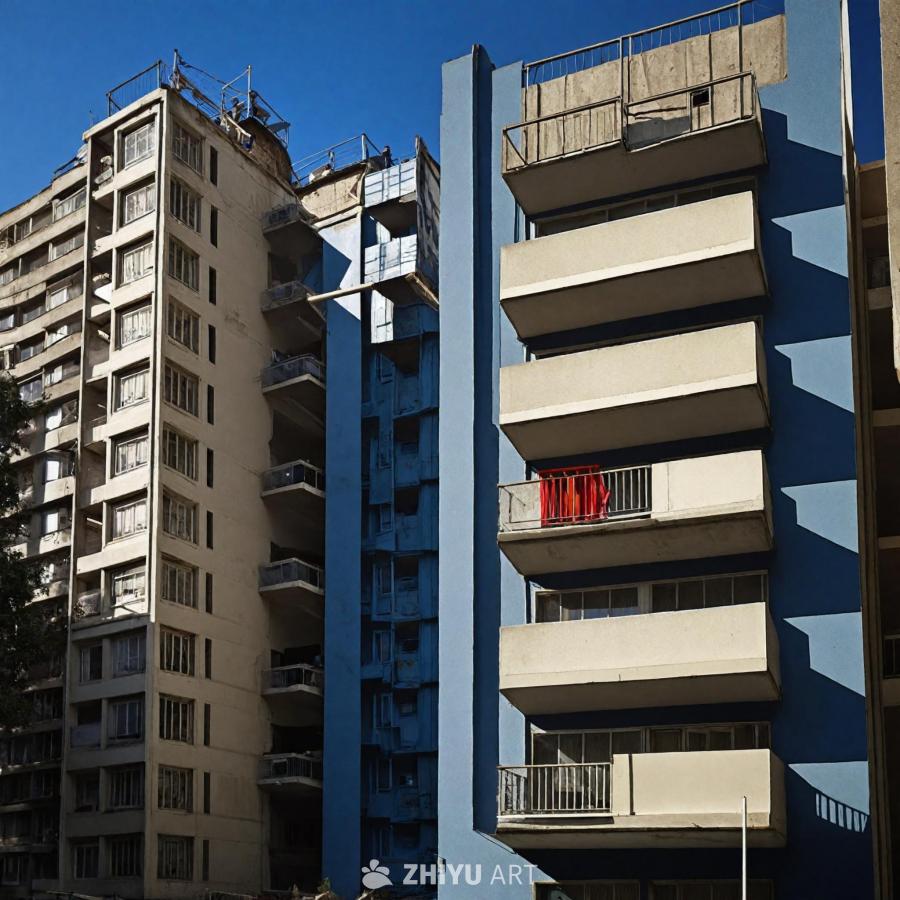 一座高层建筑，外墙以蓝色为主色调，墙面贴有蓝色壁纸