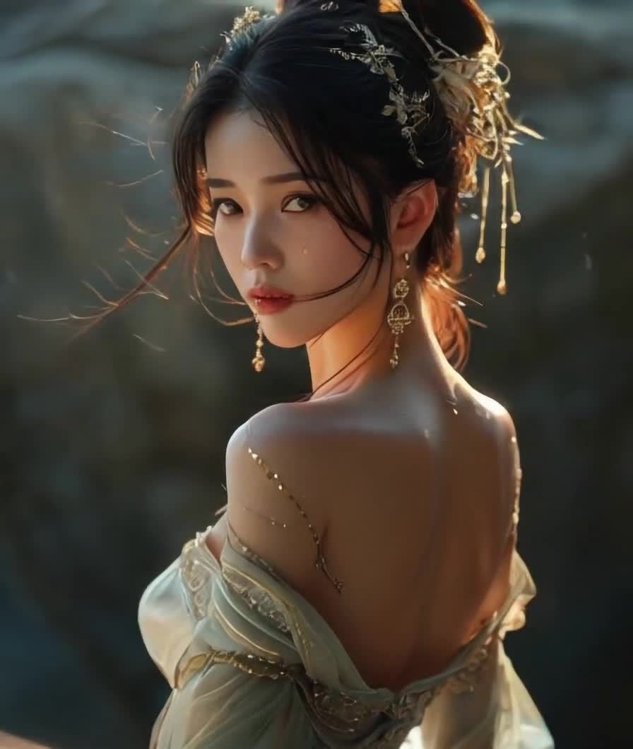 华服女子微风转身回眸凝视