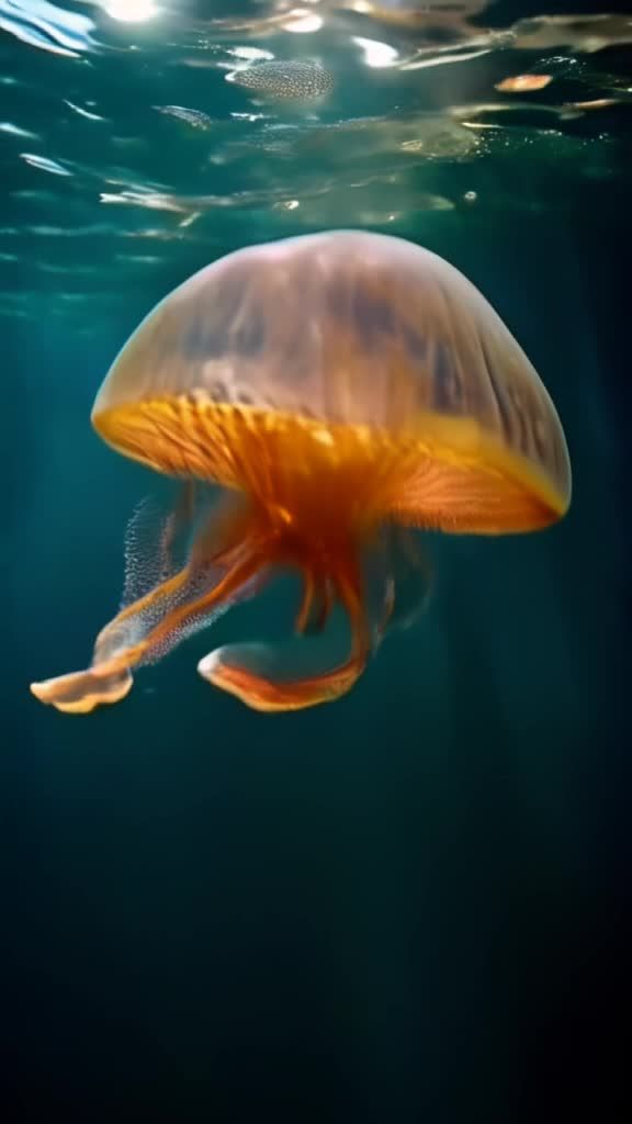 一只水母在深蓝色水域中漂浮，它的身体呈透明的浅橙色