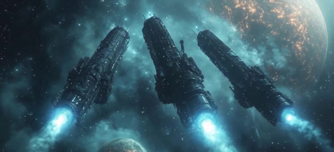 宇宙中三艘工程空间站飞行