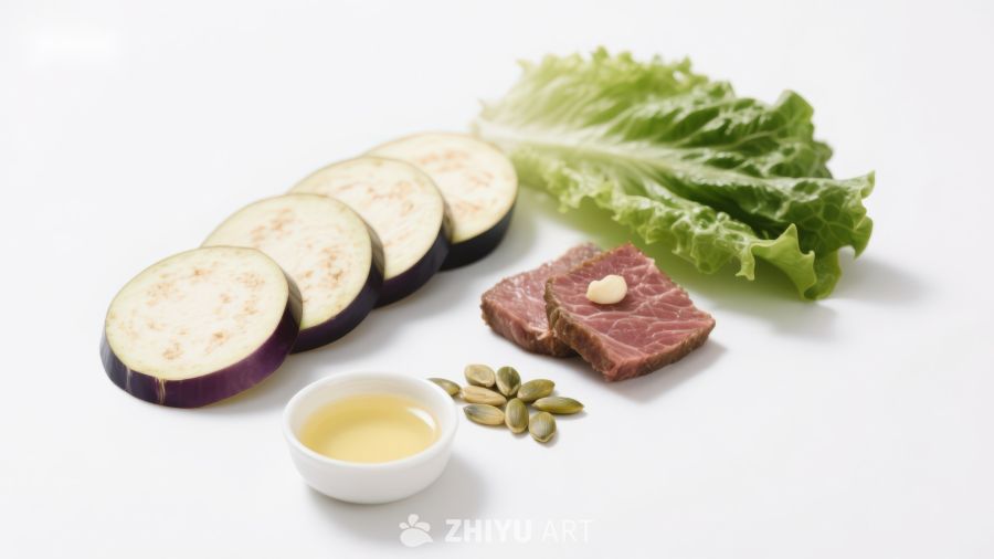 食材摆盘：茄子、牛肉与蔬菜