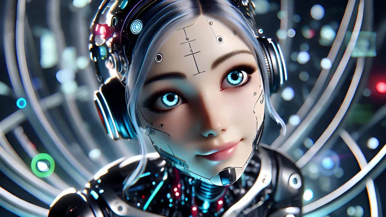 一个有着蓝色眼睛的女性形象抬头看着镜头，她的头上戴