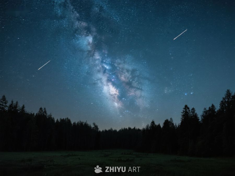 银河横跨夜空，流星划过森林 529