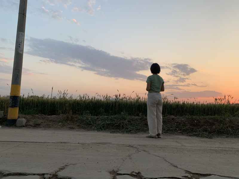 女士、女人在马路上看田野间的落日与晚霞背影