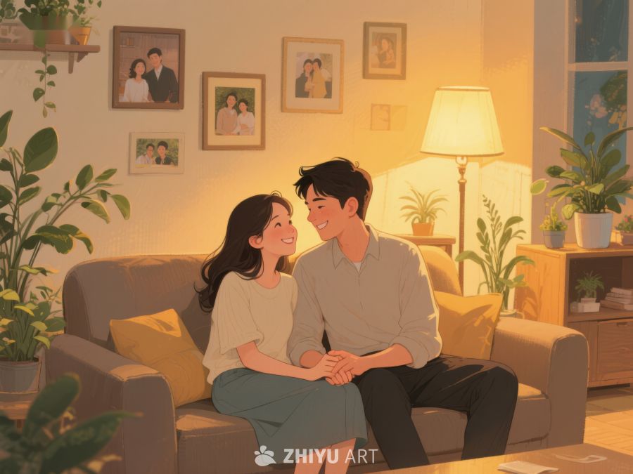 温馨夜晚，情侣沙发共度时光 904