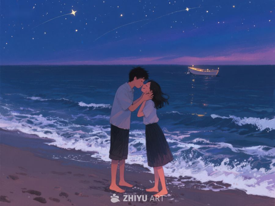 海边夜景下的情侣亲吻 233