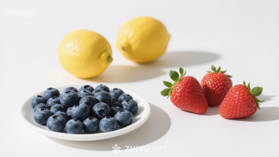 新鲜水果组合：蓝莓、草莓与柠檬