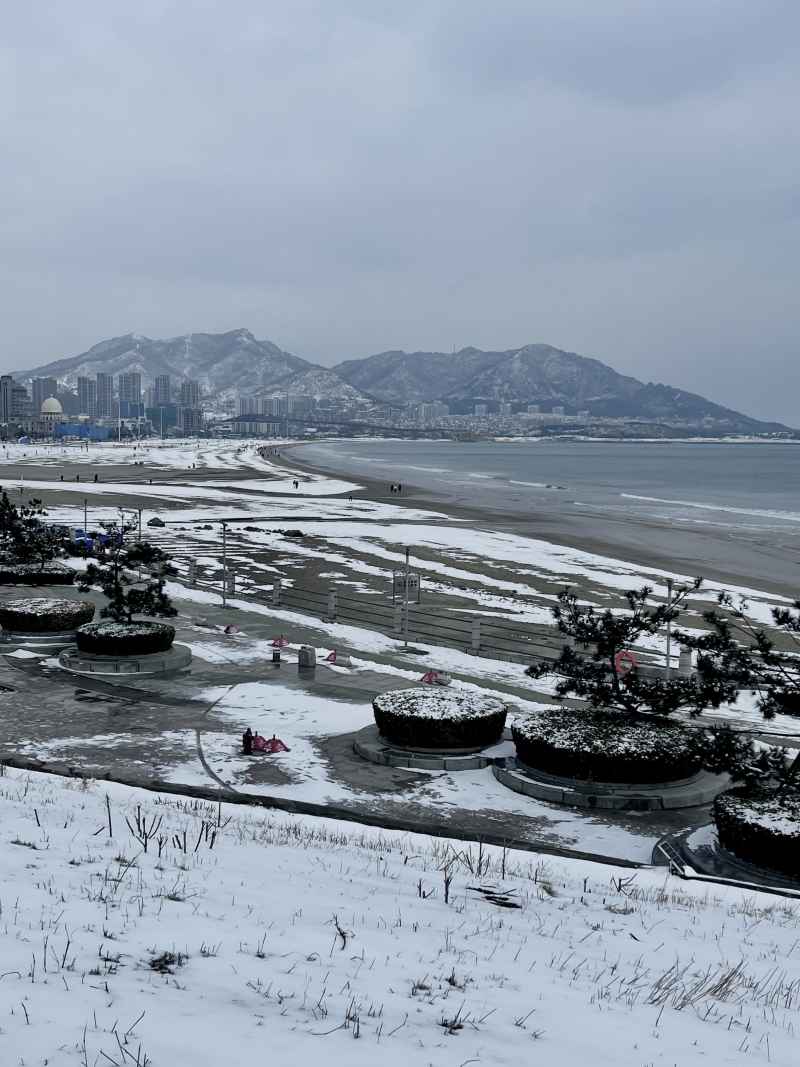 青岛石老人浴场海边雪景