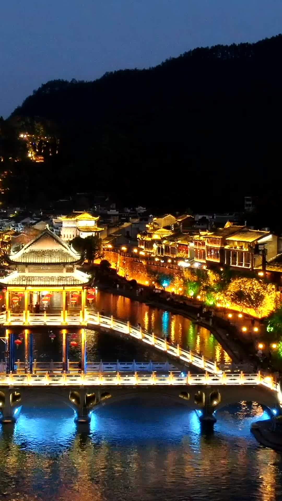 夜色中的古桥与灯火