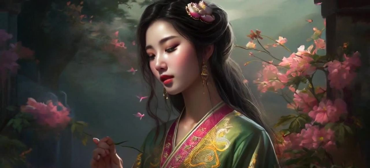 绿粉长袍女子簪花赏叶沉思