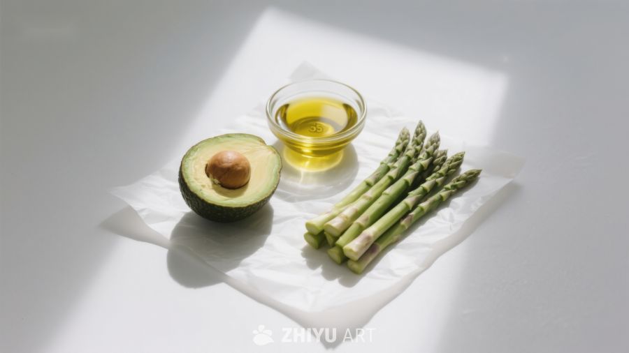 牛油果芦笋与橄榄油摆拍