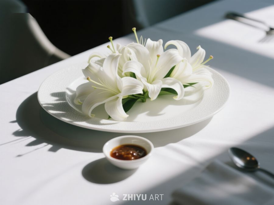 白色百合花盘与酱碟静物 11