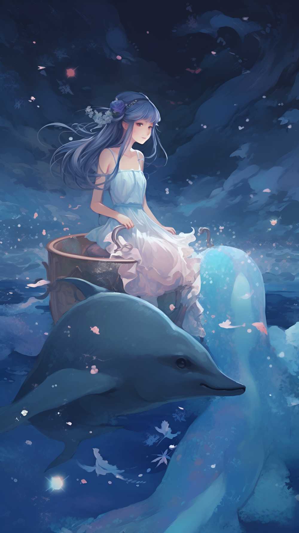 一个女孩和一只乳白色的海豚在天空中