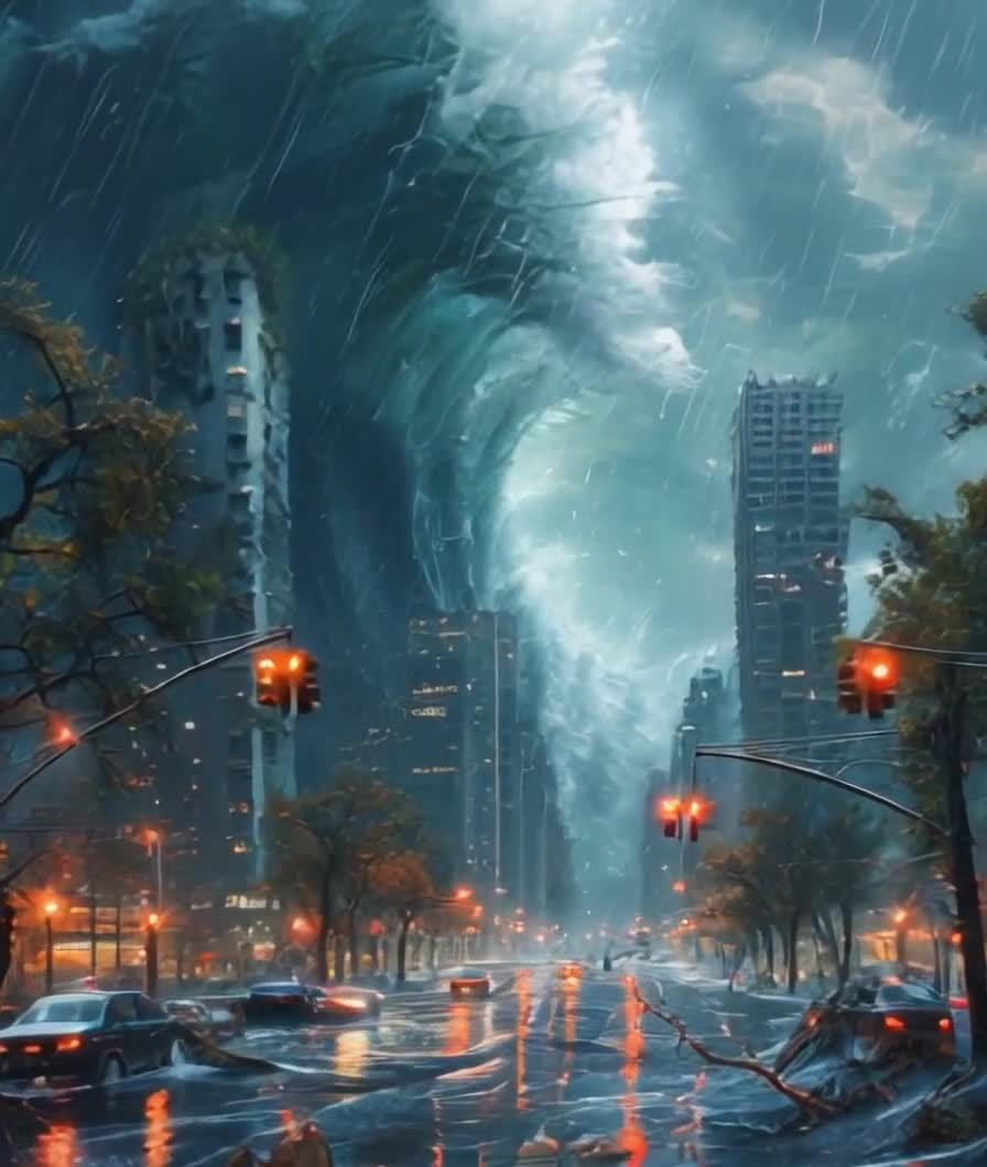 末日城市：巨浪淹没街道，暴雨与废墟共存