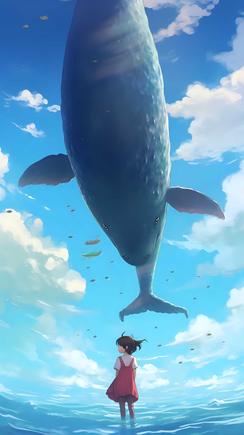 蓝鲸与云和白星，工笔画风格