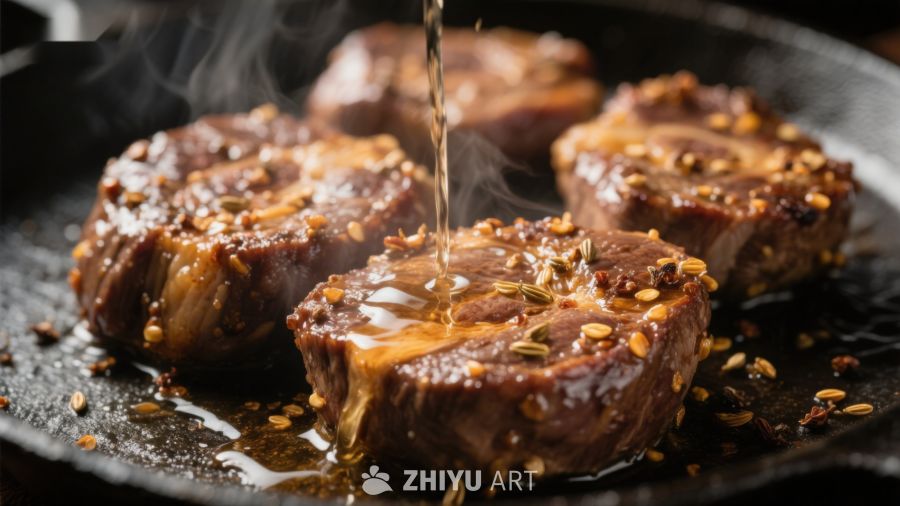 煎锅中的香料牛肉，热油浇灌