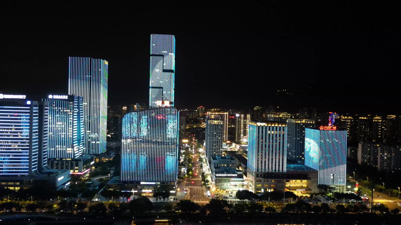 航拍福建福州金融街高楼夜景