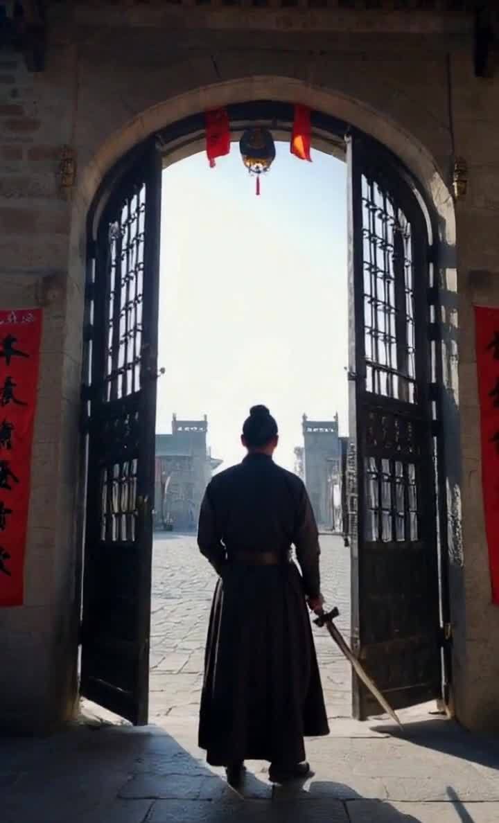持剑男子立于门前，远眺古风建筑景象。