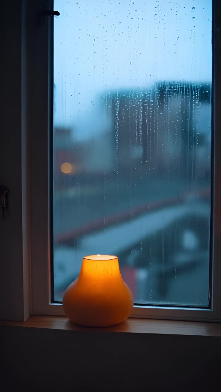 一个房间的窗户，外面正在下雨，雨水沿着玻璃流淌。一