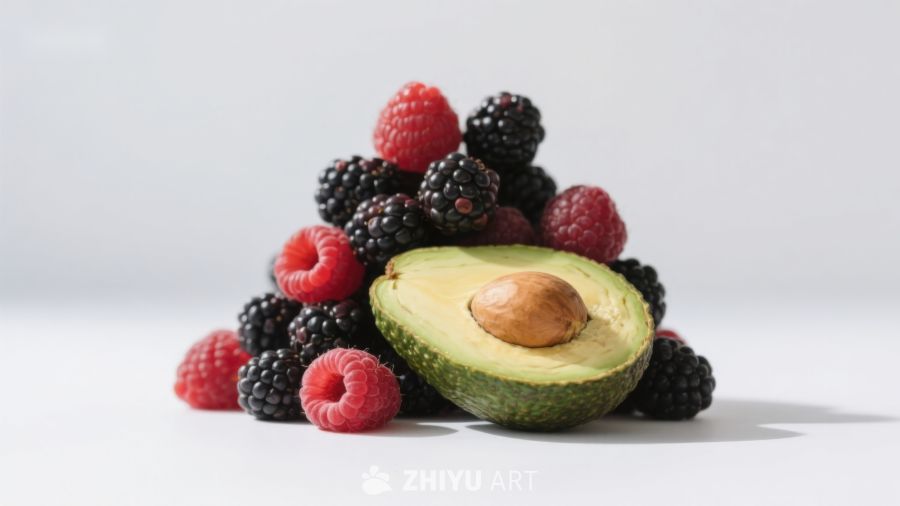 新鲜水果堆叠：牛油果与浆果