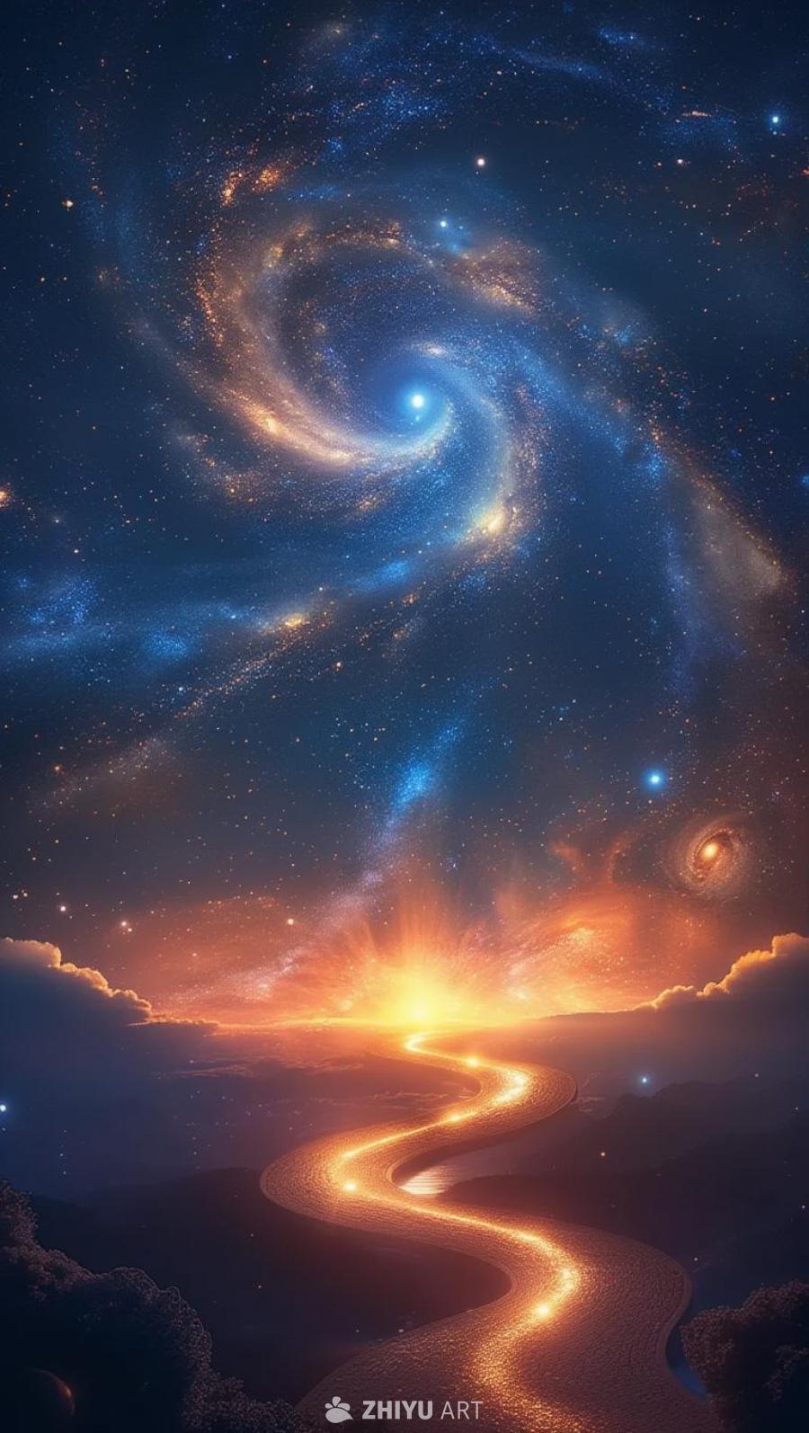 星空中布满了行星，它们之间由闪耀的光桥连接。螺旋星