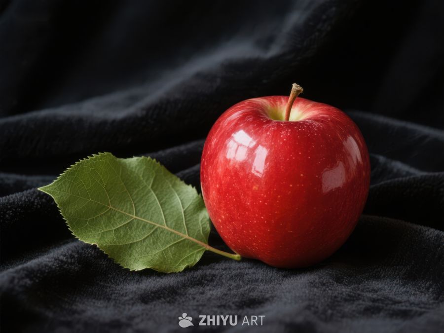 鲜红苹果与绿叶静置深色布上 467