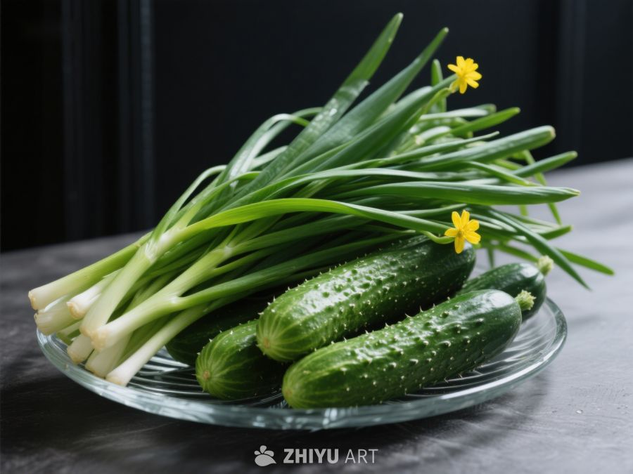 新鲜黄瓜与葱搭配，点缀黄色小花 449
