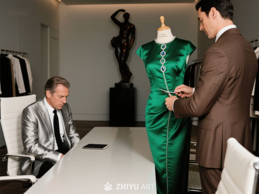 设计师在工作室调整绿色礼服细节 362