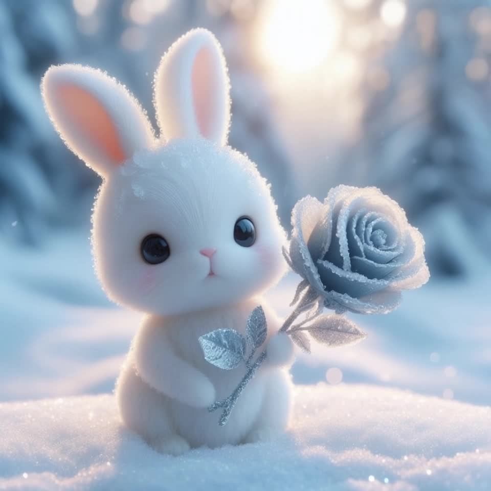 一只白色的小兔子站在雪地里，它的小爪子里拿着一朵银