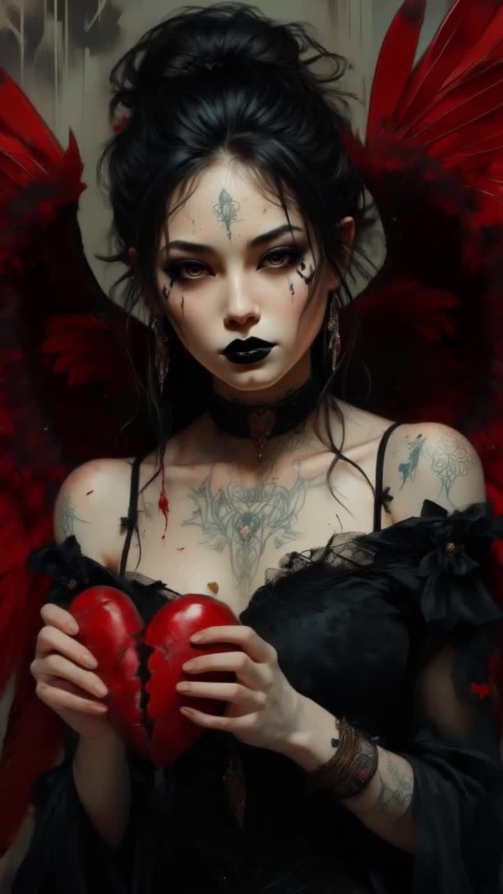 一位拥有深色头发和妆容的女士，右手拿着一颗红色的心