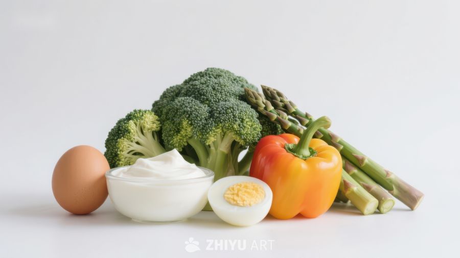 健康食材组合：蔬菜、鸡蛋与乳制品