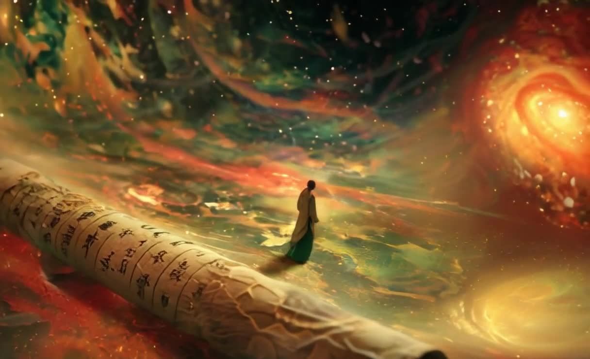 手持卷轴者，在星云中漫步，探索未知宇宙。