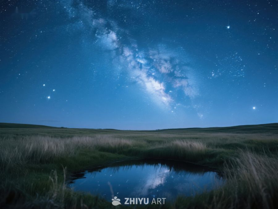 夜空银河映照静谧池塘 383