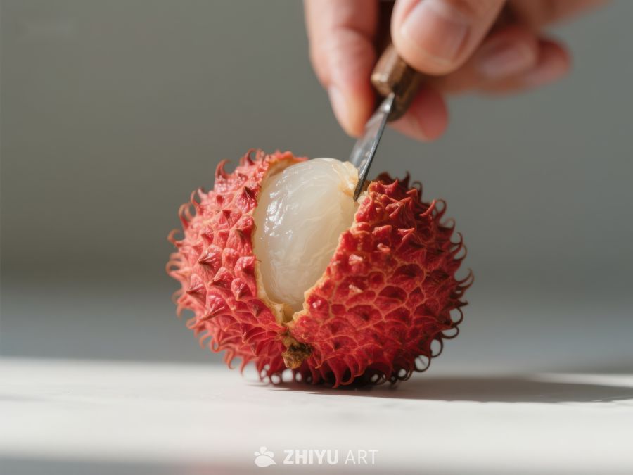 手用勺子挖取荔枝果肉 520