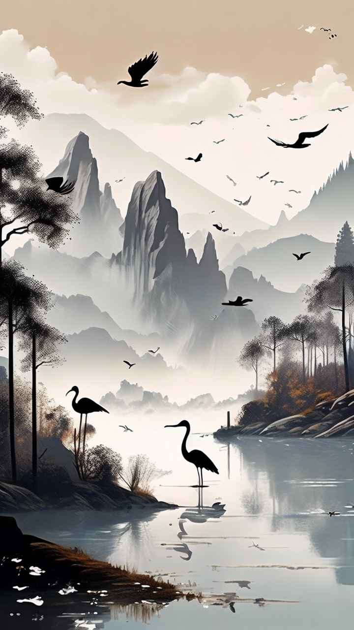 国风山水鹤插画背景 76