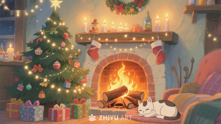 温馨圣诞夜，炉火旁的猫咪 316