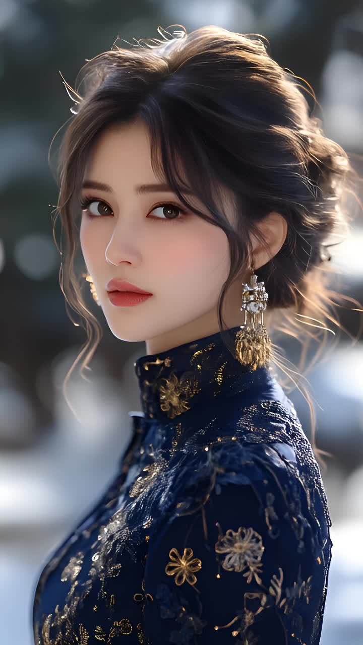 一个穿着深蓝色带金色花纹上衣的女人，戴着金色的耳环