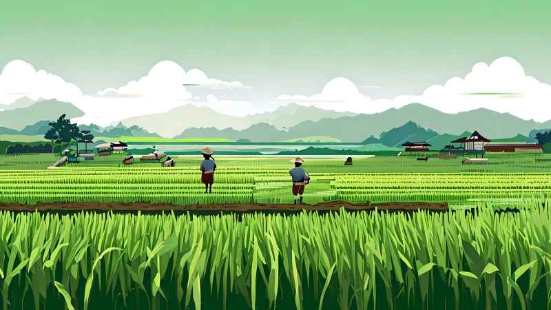 稻田和农作物中的农民绿色范例风格插画 1