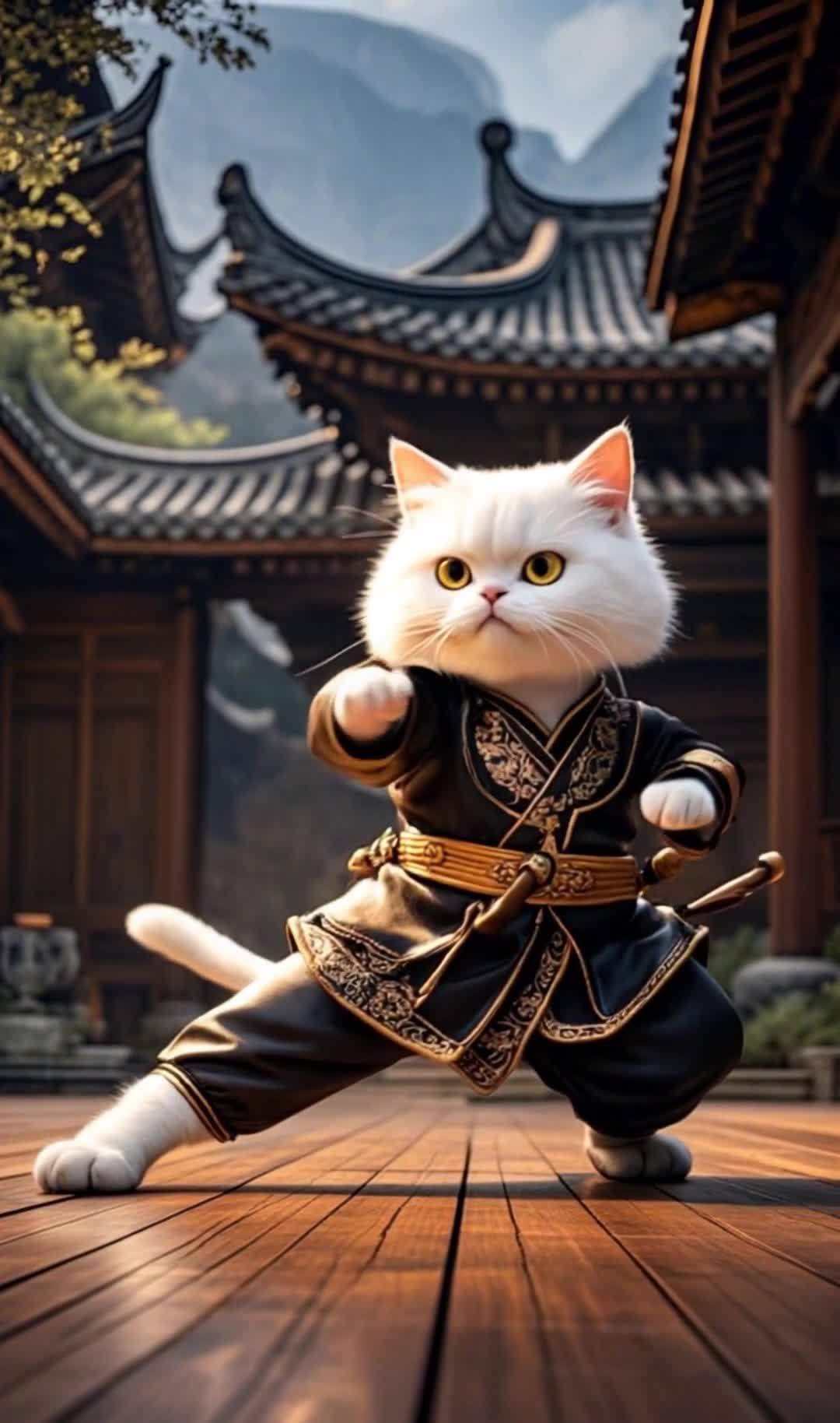 身着练功服的中式武术白猫