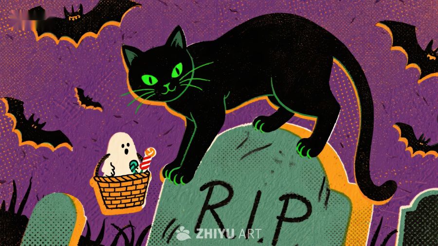 万圣节黑猫与墓碑的奇幻场景