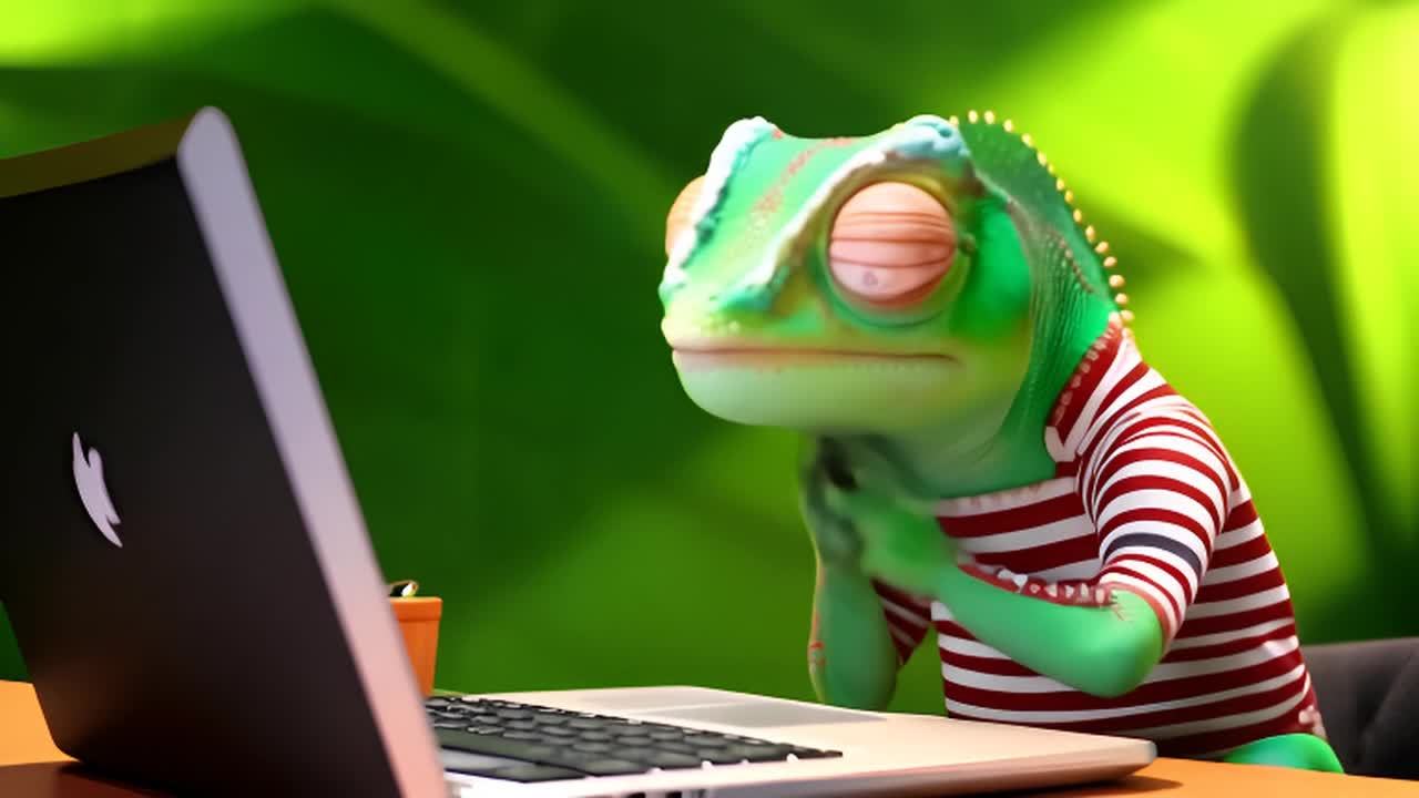 一只拟人化的变色龙，身穿红白条纹衬衫，坐在桌子前，