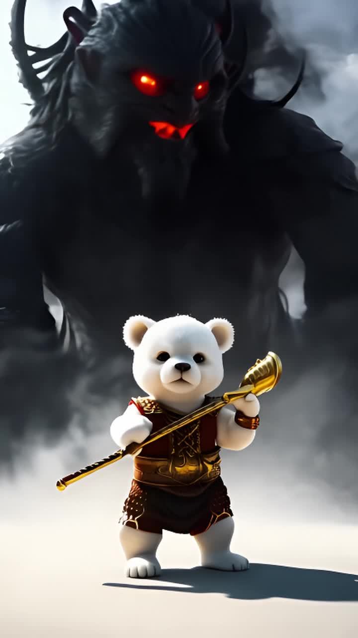 一只白色小熊穿着战士服装，手持金色长棍，站立在画面
