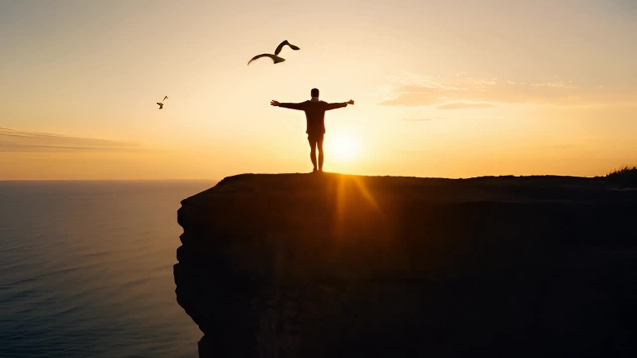 一个人站在悬崖边，面向广阔平静的海洋。太阳正在落下