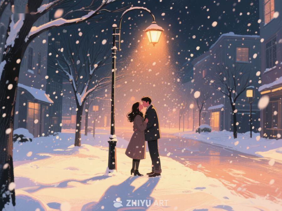 雪夜街灯下的浪漫拥吻 960